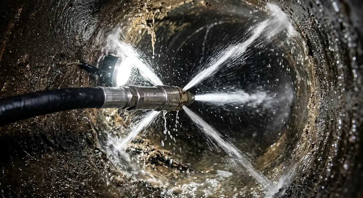 High-pressure hydro jetting nozzle cleaning sewer pipe for Emergency Drain Service in Elizabethtown