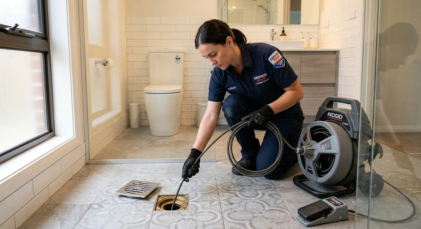 Technician clearing a bathroom floor drain for Clogged Drain Repair in Elizabethtown